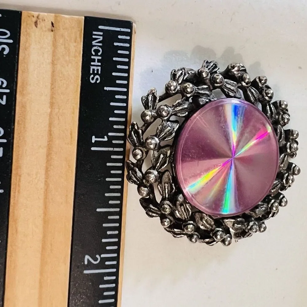 Jewelarama Brooch Prism Round Pinkish Reflective Dark Silver Tone 4156